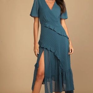 Blue Swiss Dot Ruffled Midi Dress